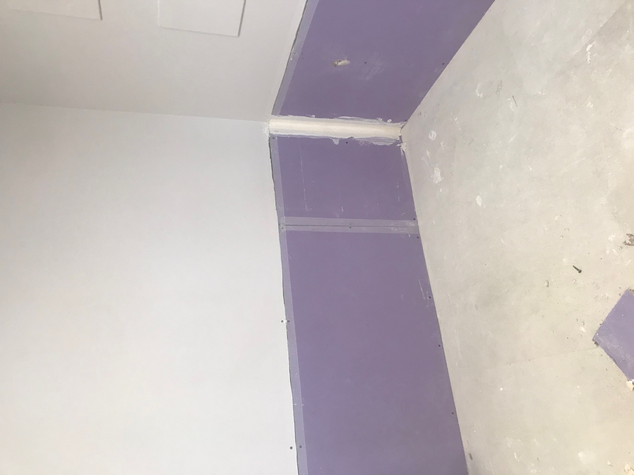 Fresh mold-resistant drywall going up where the old, damaged walls came out.