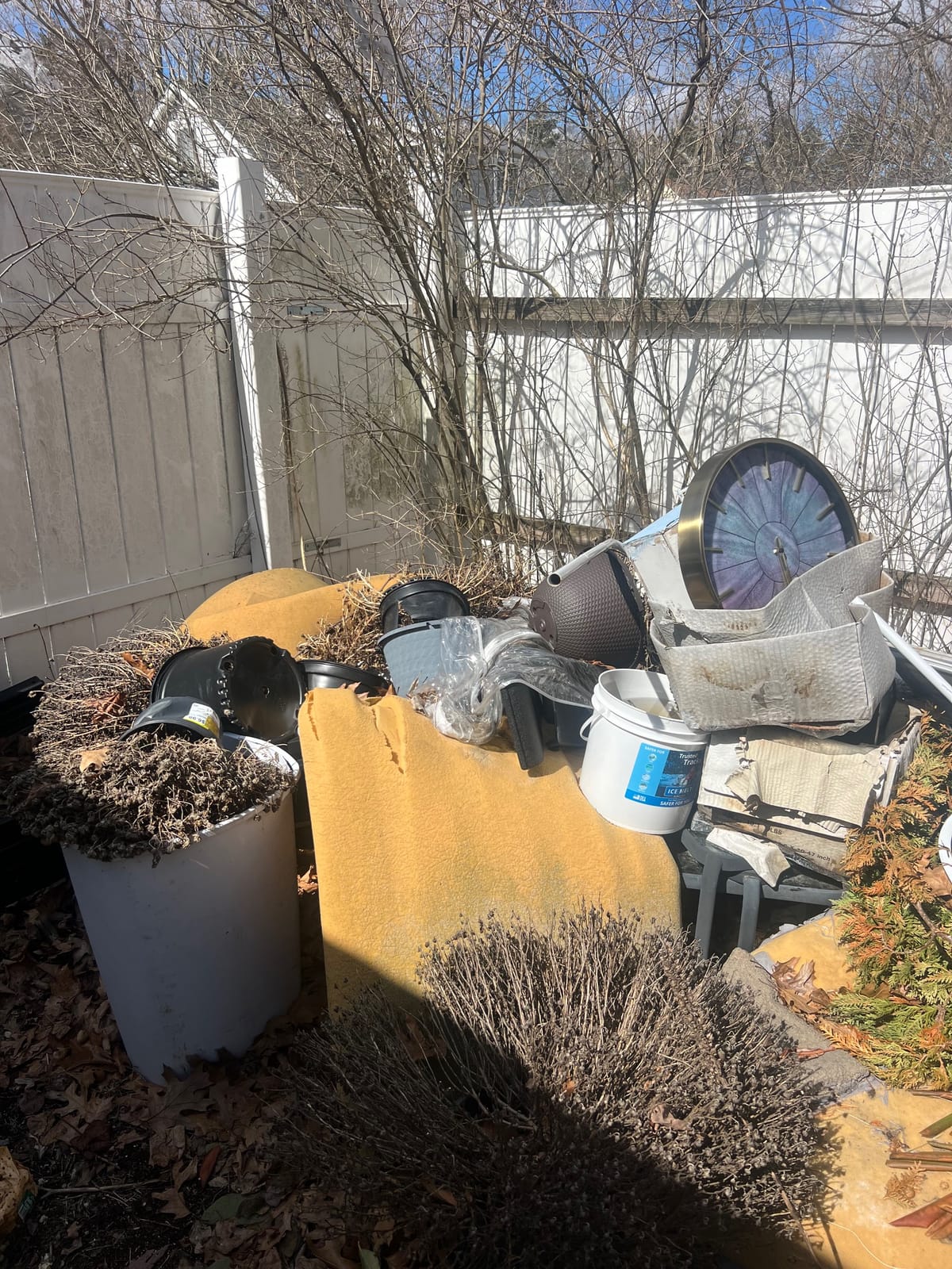 Before: backyard packed with discarded furniture and household items, then cleared down to bare lawn